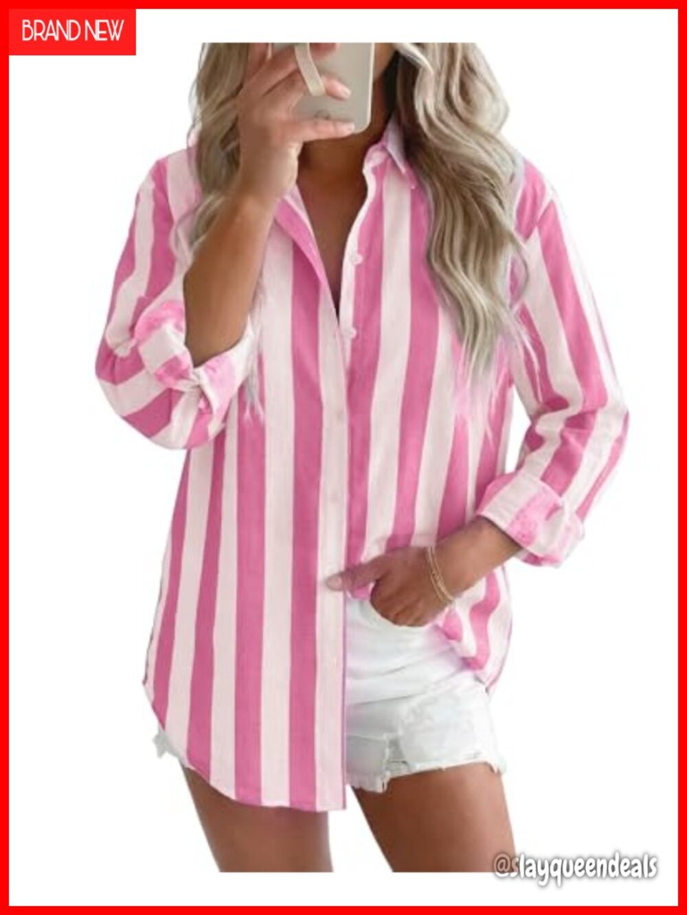 Oversized Striped Button Down Shirt Long Sleeve Blouse 100% Polyester